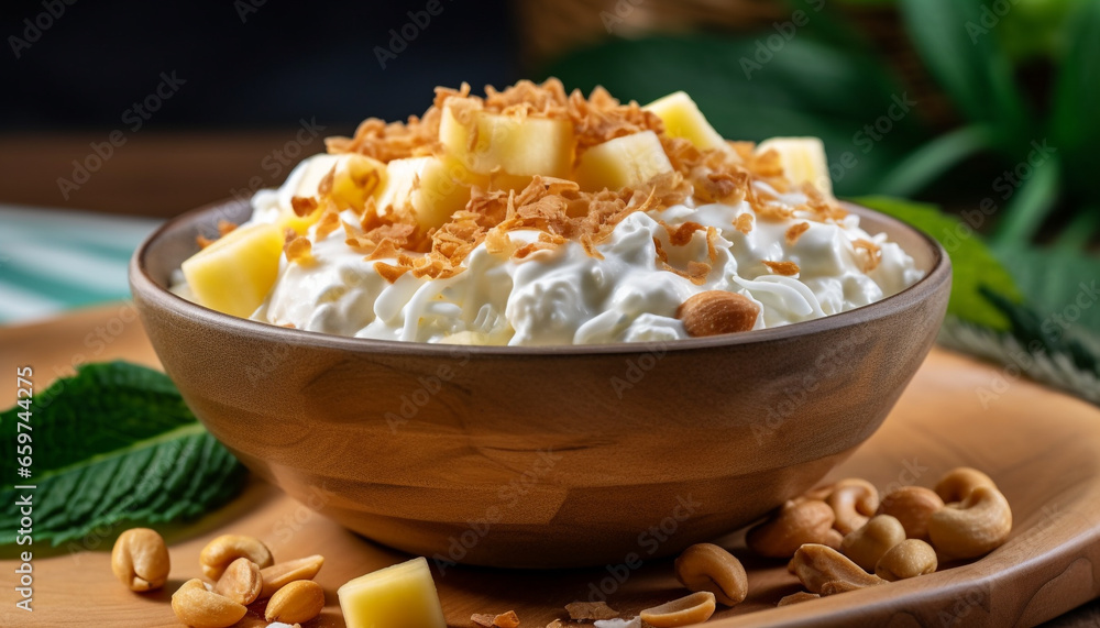 Rustic homemade yogurt with almond and honey indulgence snack generated by AI Rustic homemade yogurt with almond and honey indulgence snack generated by AI