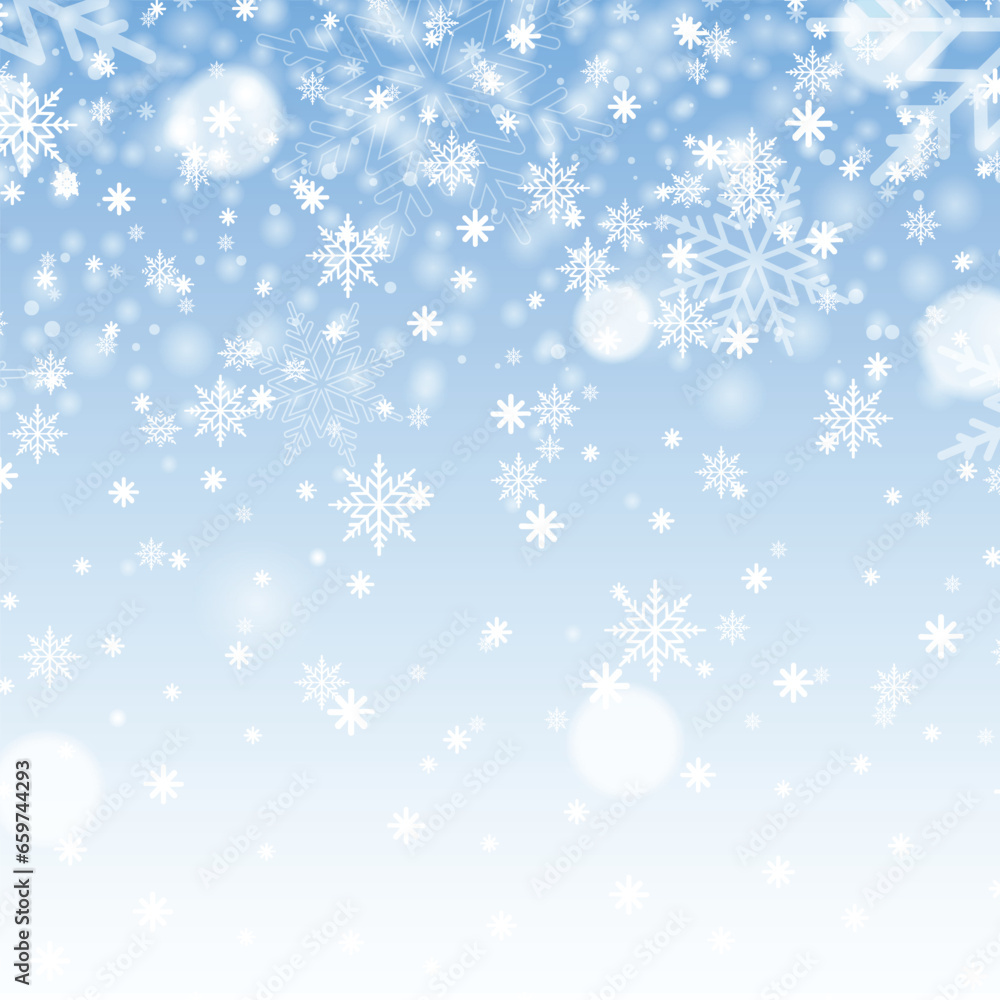 Christmas and Happy New Year background with falling snowflakes on blue sky. Vector Christmas and Happy New Year background with falling snowflakes on blue sky. Vector