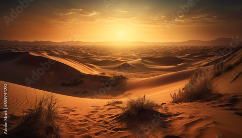 Sunlight sets on arid sand dune landscape, extreme terrain outdoors generated by AI