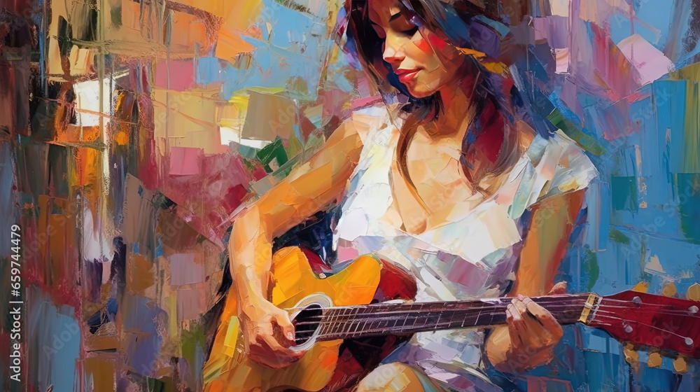 Fototapeta premium Fine Art Painting in Oil Mixed Style Brush Stroke of Beautiful Young Girl Playing a Guitar Vibrant Abstract Art