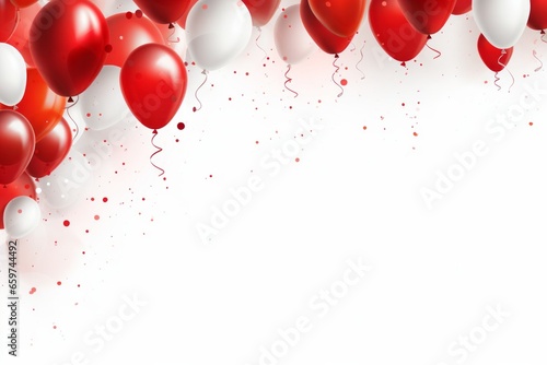 Celebration on white background with confetti and red white balloons