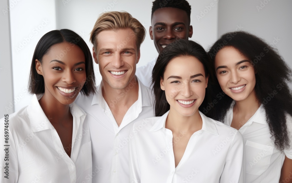 Group of smiling mixed skin people wearing white posing in a white office Group of smiling mixed skin people wearing white posing in a white office