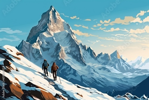 Two climbers men climb to the top of a snowy mountain peak