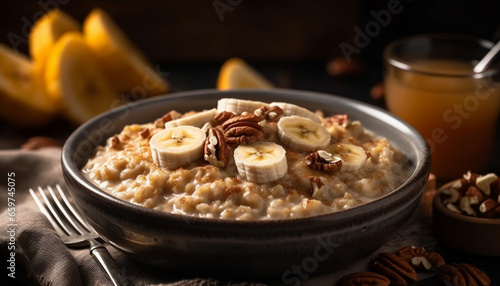 A rustic bowl of organic oatmeal with honey and walnuts generated by AI