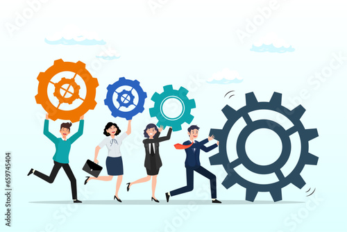 Businessman and woman people holding cogwheels gear to build organization, business organization, people working together or teamwork to help success mission, cooperation or community (Vector)