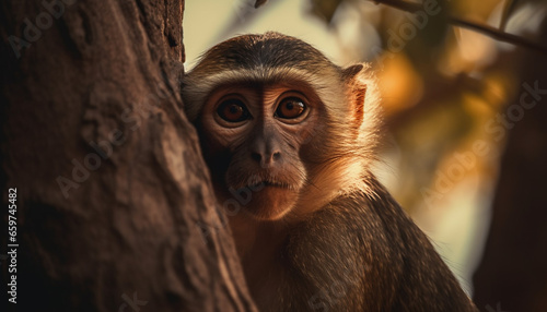 A cute macaque sitting on a branch, staring at you generated by AI
