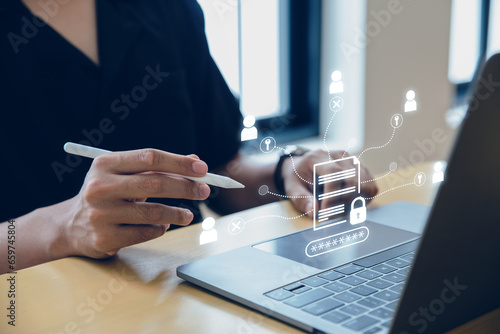 Document Management System (DMS), Businessman using laptop with protected document connected, Enterprise content management.