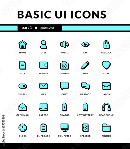 basic ui icons neubrutalism style for ui mobile interface essential collection set icons with shadow photo