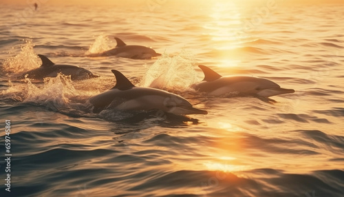 Playful dolphins splash in the blue sea at sunset generated by AI © Jeronimo Ramos