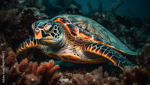 Endangered hawksbill turtle swims in multi colored coral reef, Pacific Islands generated by AI