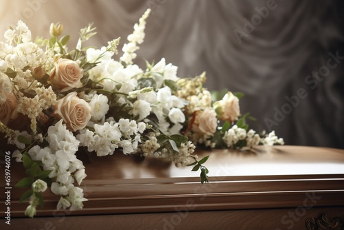 White coffin with flowers. The concept of funeral.