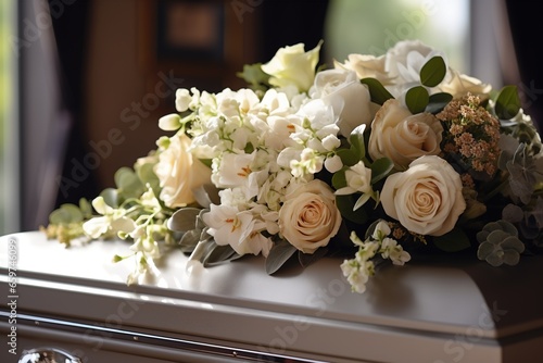 White coffin with flowers. The concept of funeral.