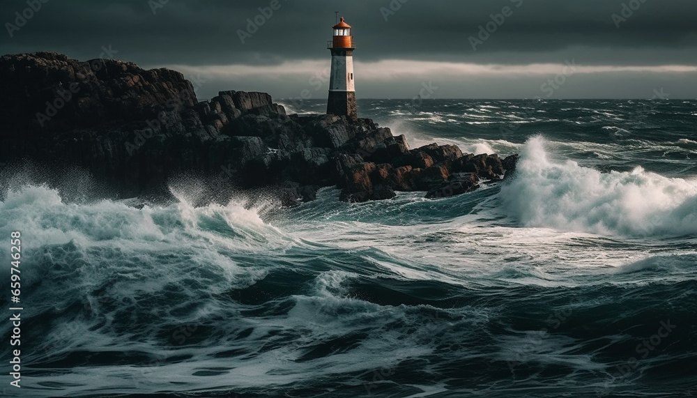 The beacon warning sign guides sailors through dangerous crashing waves generated by AI