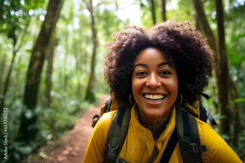 Happy traveller black woman with backpack taking selfie picture in jungle - Travel blogger taking self portrait with smart mobile phone device outside - Life style and technology concept