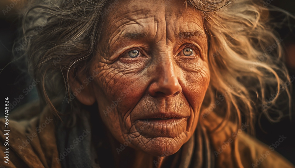 Serene senior woman smiling, embracing beauty of nature outdoors generated by AI