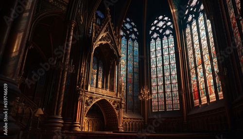 Inside the old Gothic basilica, stained glass illuminates the majestic altar generated by AI