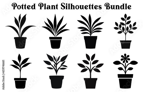 Set of Vector potted plants silhouette, Black and white Potted Desert plant Clipart Collection, 
Indoor plant in pots
