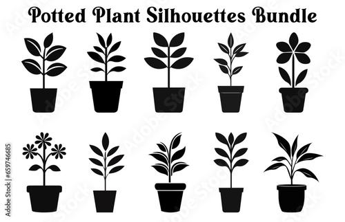 Set of Vector potted plants silhouette, Black and white Potted Desert plant Clipart Collection, 
Indoor plant in pots