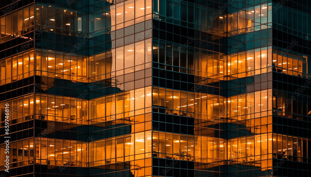 A modern skyscraper reflects the vibrant city life at dusk generated by AI A modern skyscraper reflects the vibrant city life at dusk generated by AI