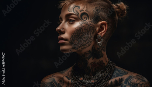 Creative elegance Sensual tattooed fashion model exudes individuality indoors generated by AI