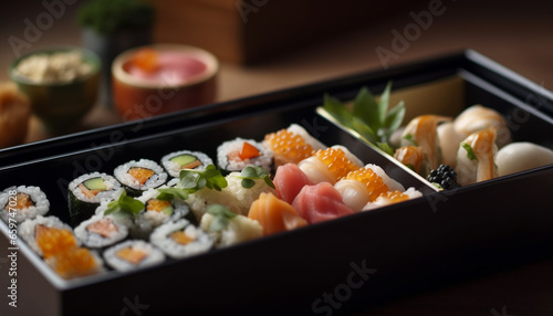 Fresh seafood meal tray with California roll variation and appetizers generated by AI