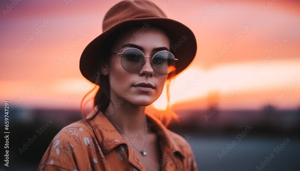 A fashionable young woman in sunglasses smiles at the sunset generated by AI A fashionable young woman in sunglasses smiles at the sunset generated by AI