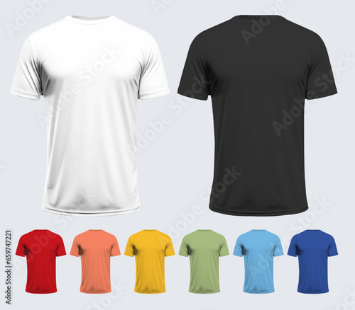 Set of male Tshirt, Unisex Fashion MockupIllustration Clothes, Men Blank T-Shirt Template, Realistic Font 3D Male Shirt Cloth on Colorful Background, Shop design T shirt