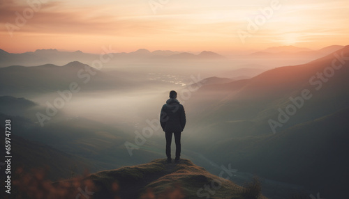 Standing on mountain peak, one person achieves hiking success generated by AI