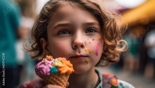 Cute Caucasian girl enjoying ice cream cone on sunny day outdoors generated by AI