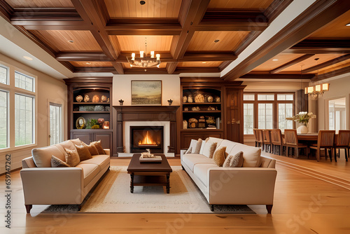 Beautiful living room interior with wooden floor, coffered ceiling, and roaring fire in the fireplace, in a new luxury home photo