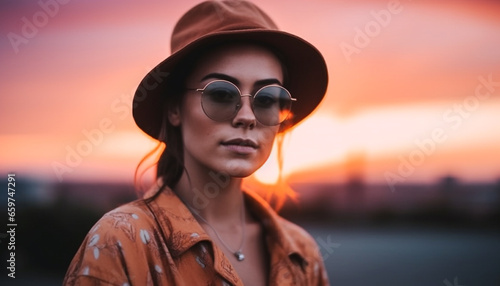 A fashionable young woman in sunglasses smiles at the sunset generated by AI