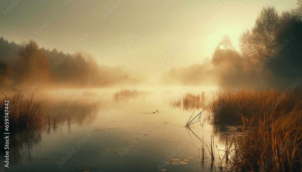 A tranquil scene of natural beauty foggy autumn reflection generated by AI