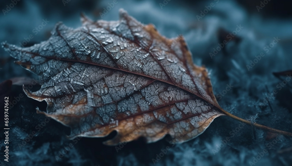 Vibrant autumn leaf veins in close up, frosty winter background generated by AI Vibrant autumn leaf veins in close up, frosty winter background generated by AI