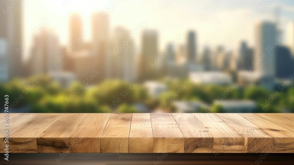 Empty wooden tabletop as a product presentation surface against a cityscape with a park on a summer day. Empty wooden tabletop as a product presentation surface against a cityscape with a park on a summer day.