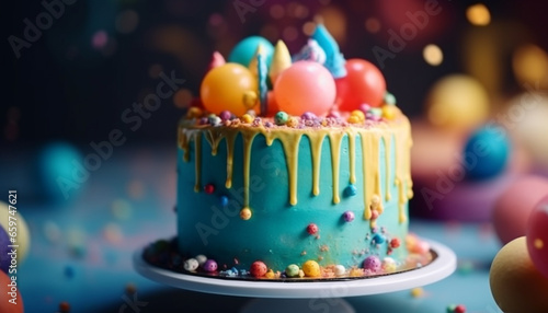 Bright multi colored confetti decorates homemade birthday cake with candles illuminated generated by AI