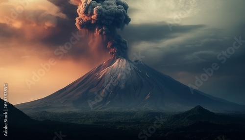 Active volcano erupting at dawn  damaging environment with ash pollution generated by AI