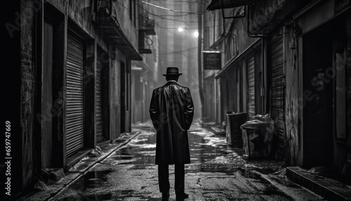 Dark elegance A spooky businessman walking in old fashioned city life generated by AI © Stockgiu