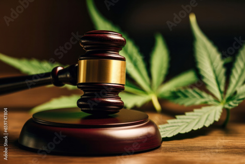close up on a judge gavel on a wooden table with cannabis leaves in the background. Concept motif on the topic of legalization of marijuana.