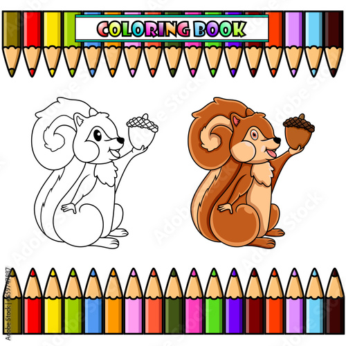 Cartoon squirrel holding a nut for coloring book