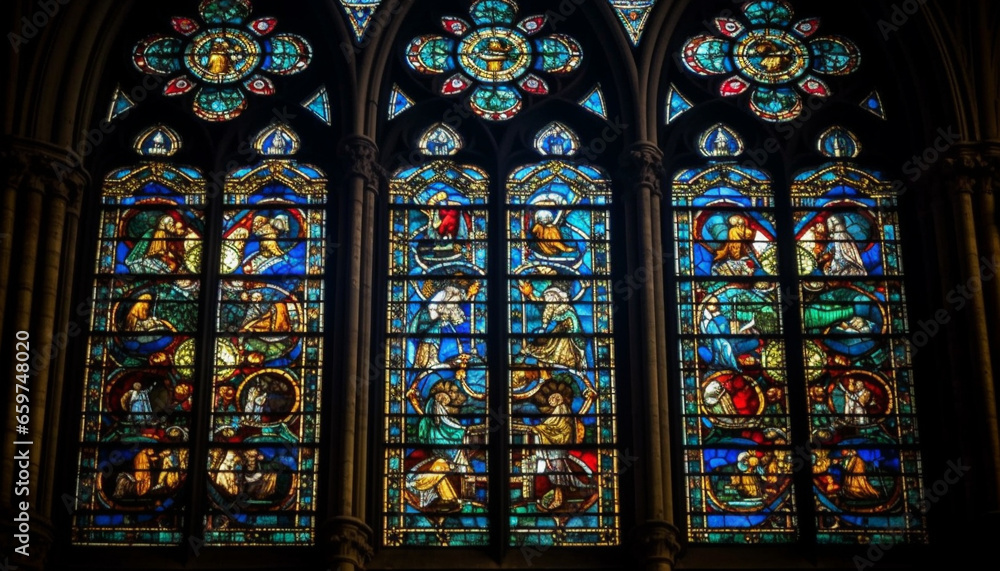 Stained glass window in Gothic style cathedral illuminates religious spirituality generated by AI