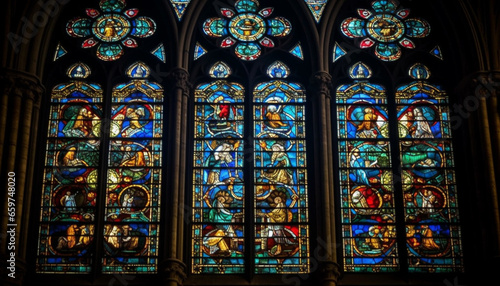Stained glass window in Gothic style cathedral illuminates religious spirituality generated by AI