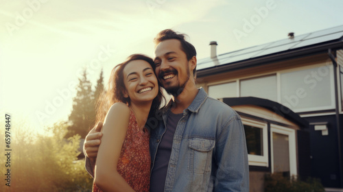 A beautiful couple in love stands next to their house with solar panels on the roof