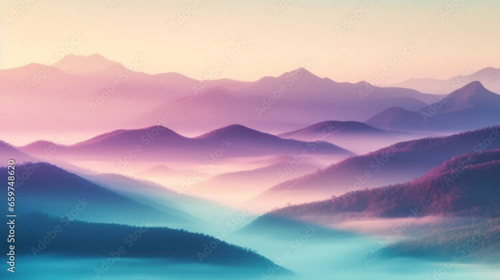 Mountains at sunset with fog