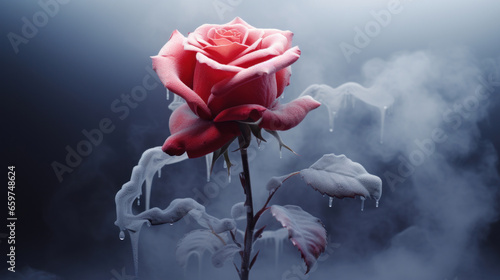 A frozen red rose with smoke on dark background