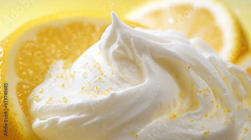 Light yellow ice cream balls with lemon close up