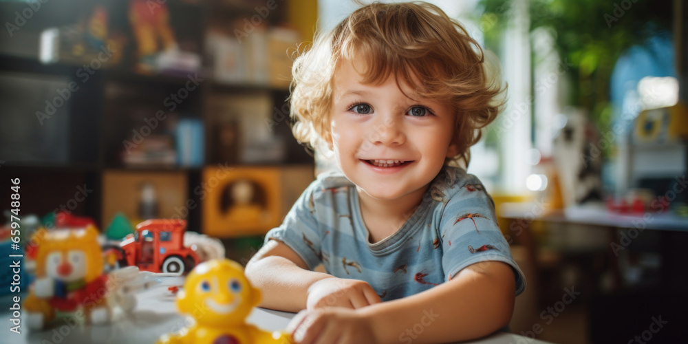 Fototapeta premium Portrait of a cute smiling boy with toys