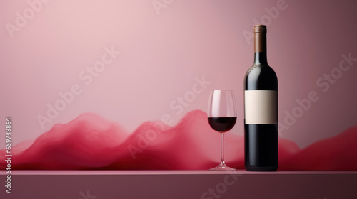 Red wine bottle with a glass on a simple dark pink empty background photo
