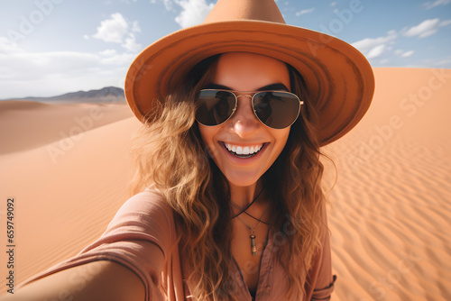 Happy female tourist taking selfie on sand dunes in the Africa desert, Sahara National Park - Influencer travel blogger enjoying trip while takes self portrait - Summer vacation and weekend activities