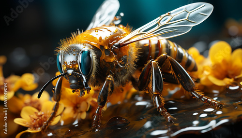 Busy honey bee working on a single flower in nature generated by AI © djvstock