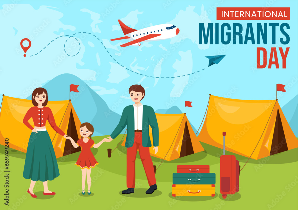 Naklejka premium International Migrants Day Vector Illustration on 18 December with Immigration People and Refugee for the Protection of Human Rights in Background